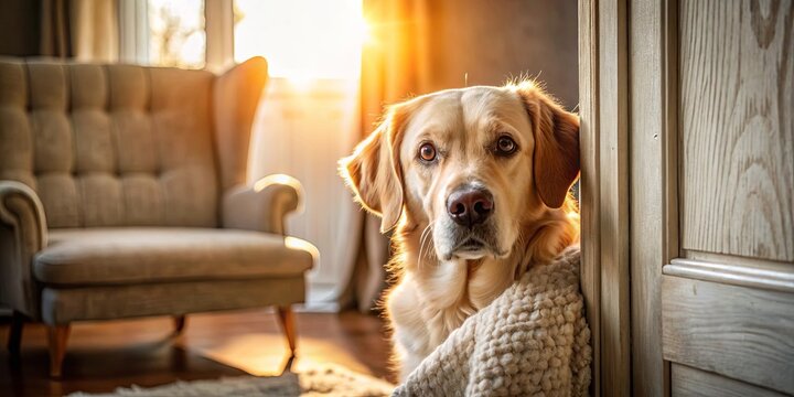 A Golden Retriever, bathed in warm light, peeks from behind a wooden door, its gentle eyes gazing directly at the viewer, suggesting a quiet moment of anticipation and affection.