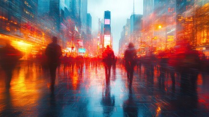 Blurs of city rain, lights, and people.