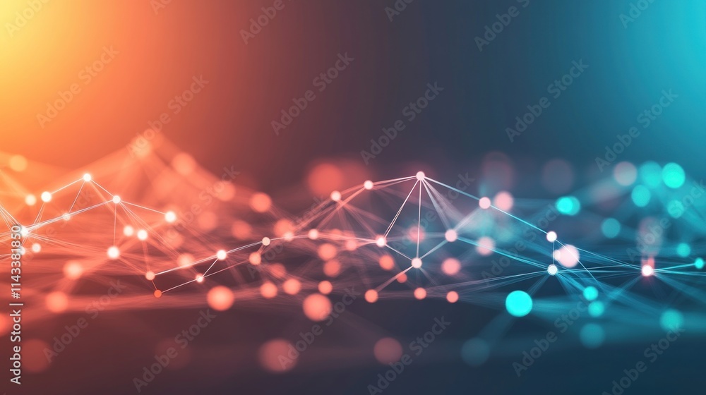 Poster abstract digital visualization of interconnected nodes and lines, representing data flow.