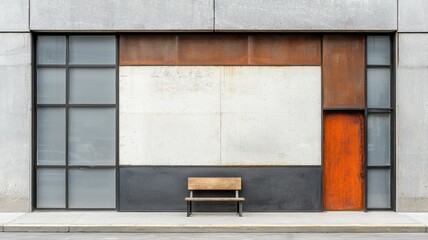 Urban wall with a wooden bench and contrasting textures and colors.