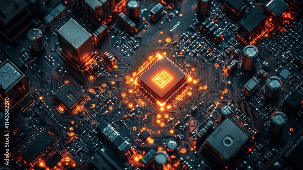Poster close-up of glowing cpu on circuit board.