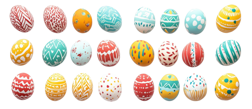 a collection of 24 colorful easter eggs with various designs and patterns. isolated on a transparent background