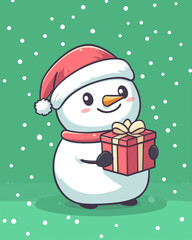 snowman holding a gift in the snow. wearing a red hat and scarf.