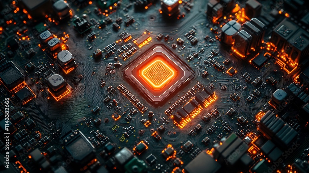 Poster close-up of illuminated central processing unit on circuit board. (3)