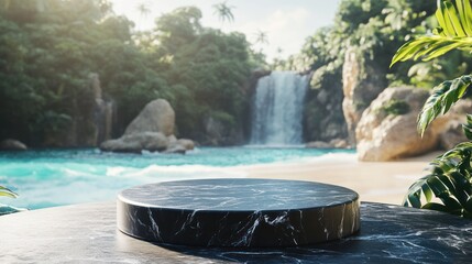 Serene Waterfall Paradise: Tropical Oasis with Marble Display