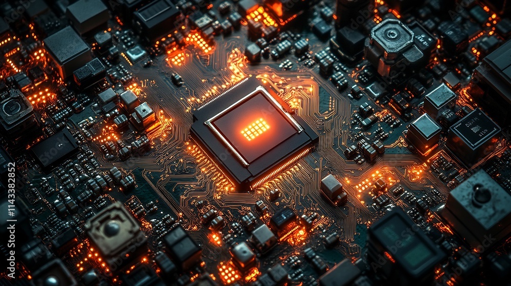 Poster close-up of illuminated central processing unit on circuit board.