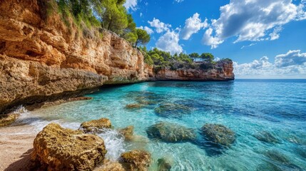 Fototapeta premium Scenic Coastal Landscape with Clear Water and Rocky Shoreline