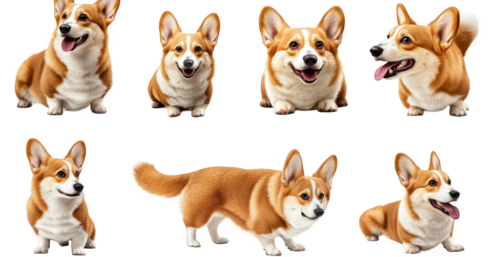 a collection of six a cute pembroke welsh corgi dog in various poses against a transparent background the dog is seen sitting. standing. and lying down with its tongue out. exhibiting playful and happ