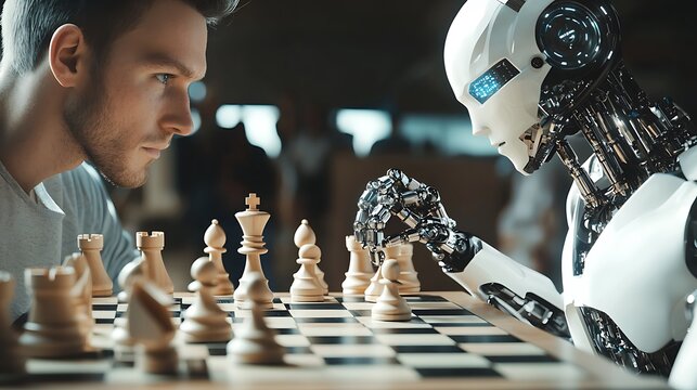 A man and a robot are playing chess