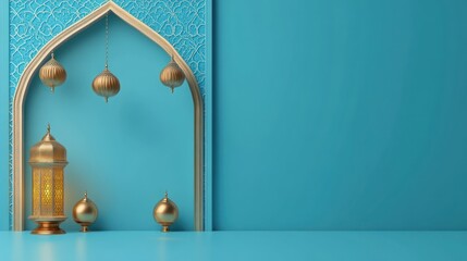 Ramadan Kareem: Elegant Islamic Festive Background with Golden Lanterns and Teal Archway