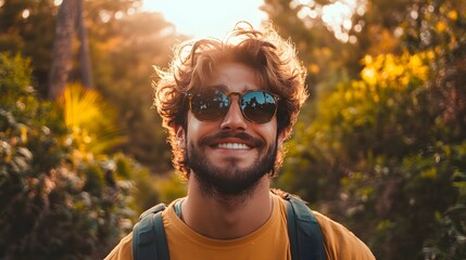 Happy young man with curly hair wearing sunglasses in a vibrant nature setting.