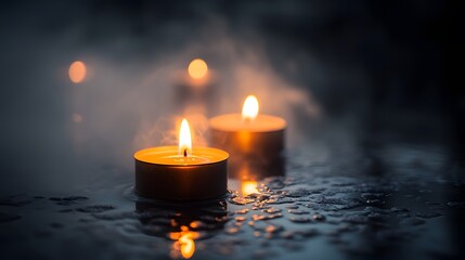 Tranquil candles glowing softly in a moody, misty atmosphere.