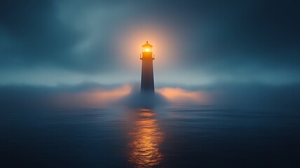 Fototapeta premium Luminous lighthouse beacon shines through dense fog over dark ocean waters at night.