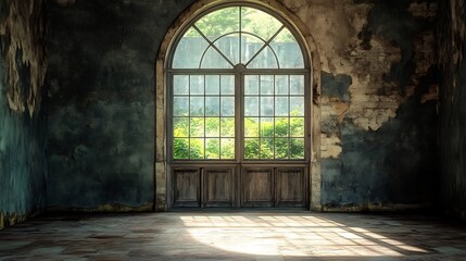Fototapeta premium Abandoned Room with Arch Window. Concept of Decay, History, and Solitude.