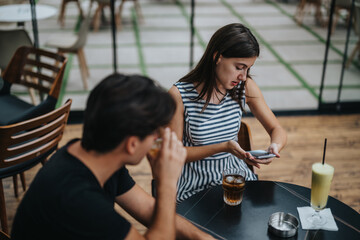 A young woman and man sit at a cafe table, engaged with their smart phones. They are enjoying beverages, reflecting a casual and relaxed social setting.