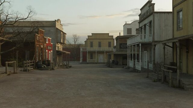 4k animation rendering of an empty street in an old wild west town with wooden buildings.
