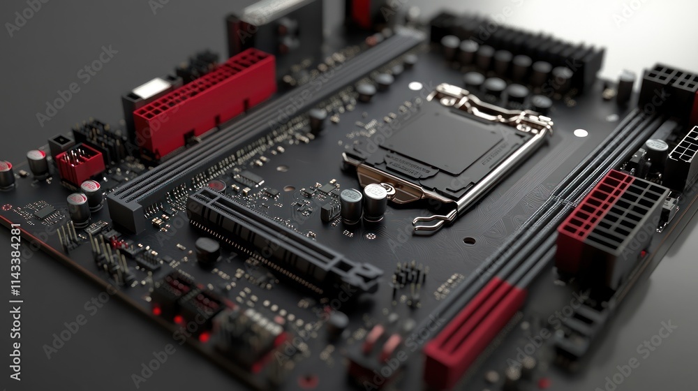 Aufkleber a close-up view of a computer motherboard showcasing its components and connectors.