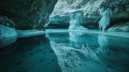 Naklejka premium Frozen Cave with Icicle Formations Reflecting in Turquoise Water
