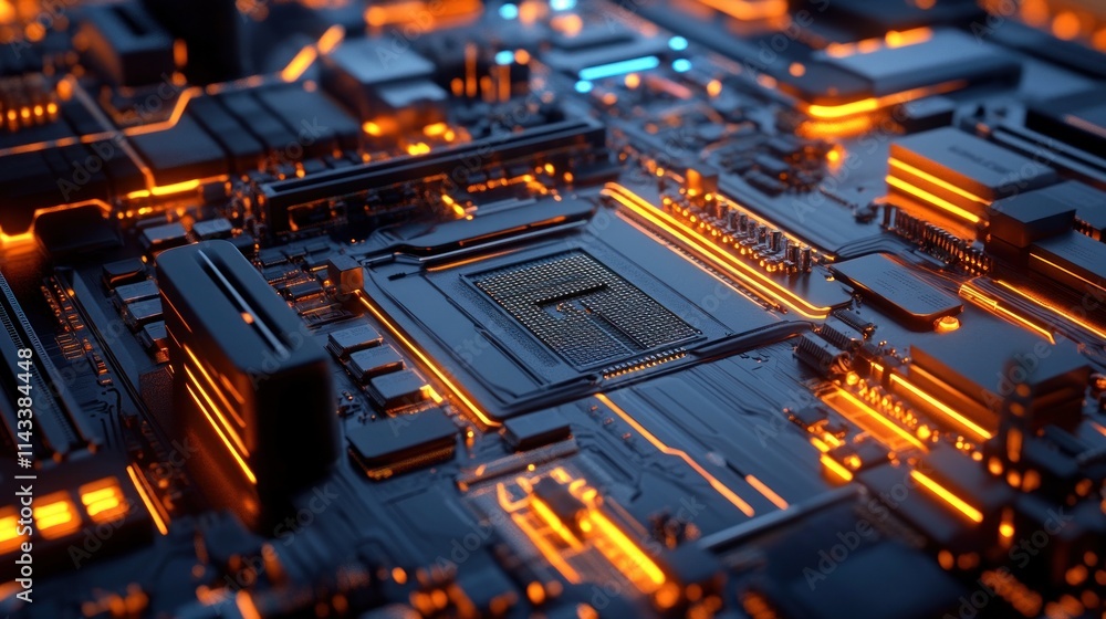 Poster a close-up view of a futuristic circuit board with glowing elements.