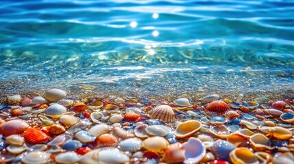 Colorful Seashells on Sandy Beach with Gentle Ocean Waves