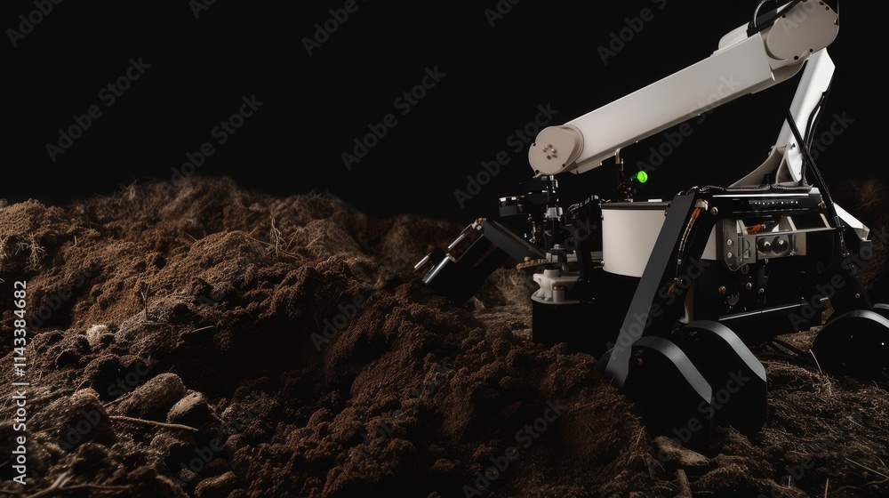 Poster a futuristic robotic vehicle operates on piles of soil in a dark environment, symbolizing advanced a