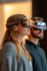 Technology enthusiasts explore virtual reality with advanced headsets in a modern setting. Generative AI