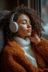 Relaxing moment indoors with headphones and a cozy sweater in a beautifully lit room. Generative AI