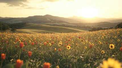 The vibrant red poppies paint the meadow in a breathtaking landscape as the sun dips below the horizon, casting a golden glow across the rural countryside