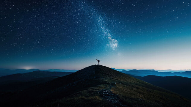 A telescope positioned on a mountaintop under a clear night sky, showcasing a breathtaking view of stars and the Milky Way, ideal for astronomy, stargazing, or outdoor adventure content.