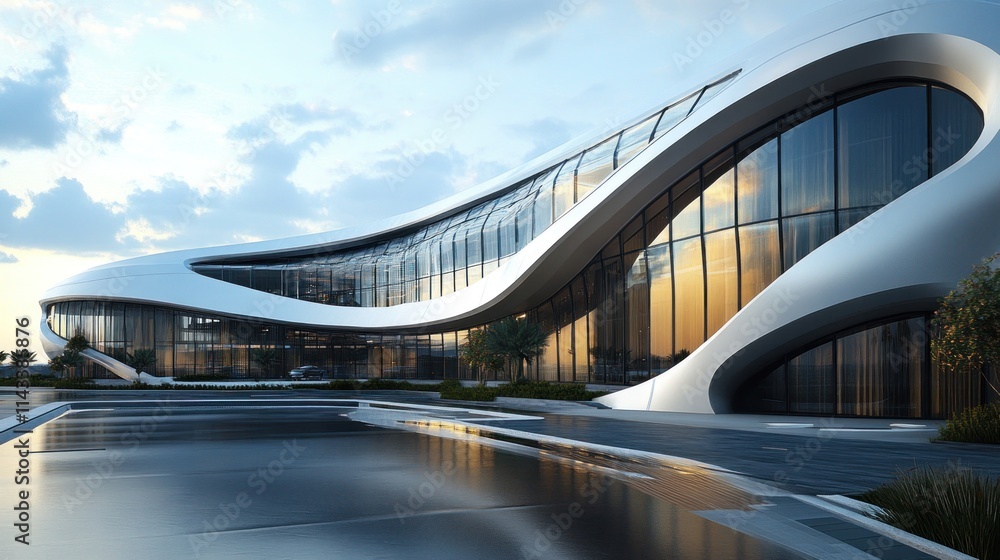 Poster Modern architectural design featuring a sleek, flowing structure with large glass windows.