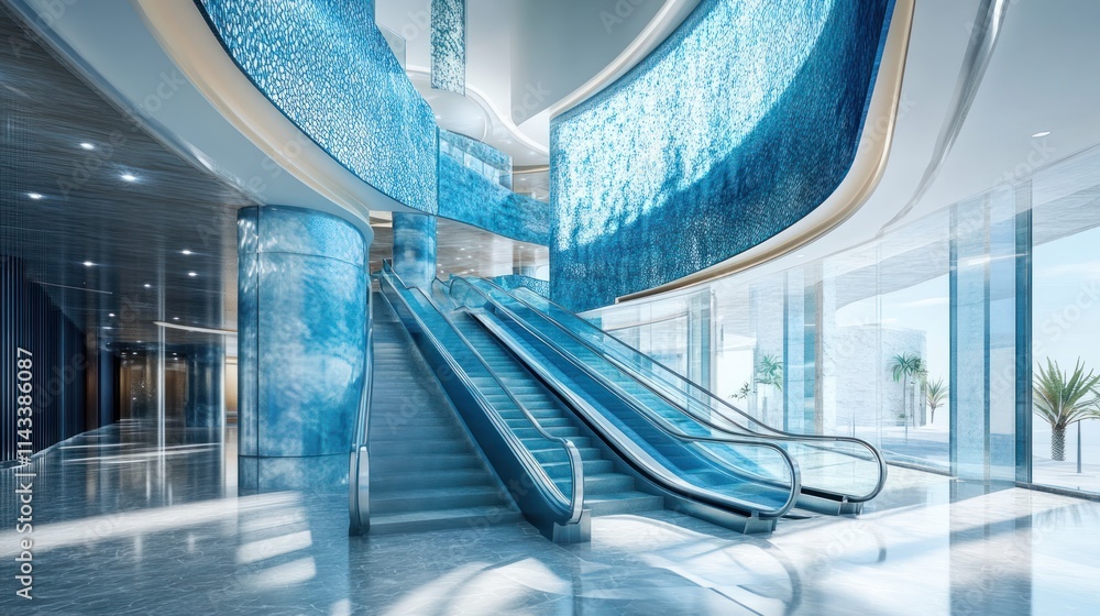 Poster modern atrium with escalators and blue water features, emphasizing elegance and design.