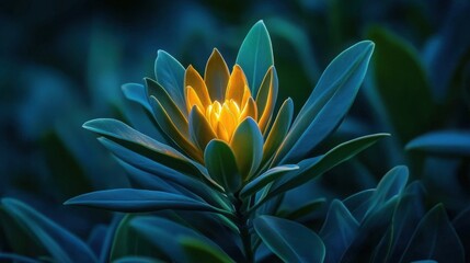 Obraz premium Enchanting Illuminated Flower Blossom against Dark Green Leaves