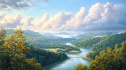 Naklejka premium Serene River Valley Under a Cloudy Sky