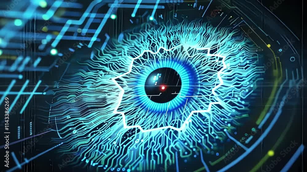 Poster glowing digital eye analyzes data streams on a futuristic circuit board, representing concepts like 
