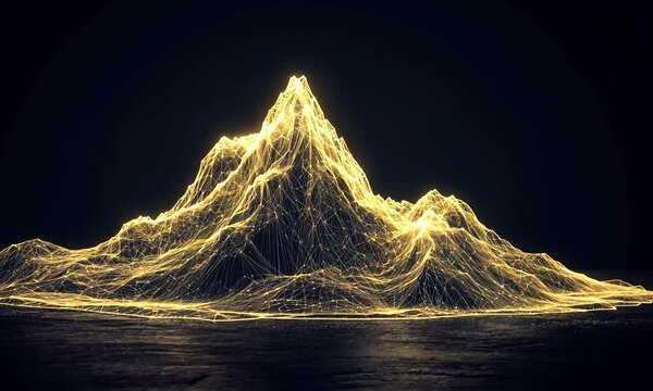 A glowing, wireframe mountain landscape illuminated against a dark background.