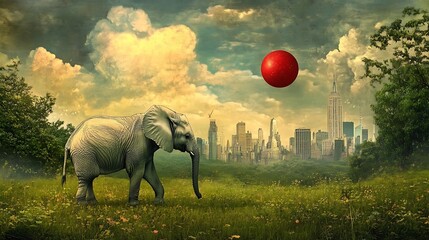 Elephant In A Field With City Skyline And Red Balloon