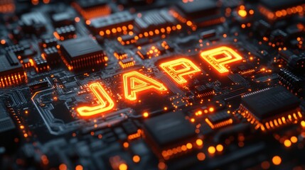 Fototapeta premium Java Programming Language Circuit Board Design with Neon Lighting