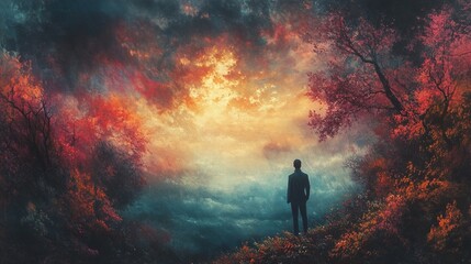 Fototapeta premium Surreal Landscape: A Man Contemplates a Dreamlike Sunset