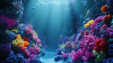 Naklejka premium Vibrant Underwater Coral Reef with Sunlight Filtering Through Water