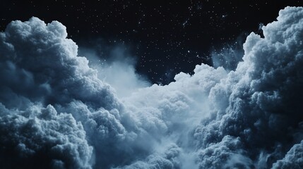 Naklejka premium Dramatic night sky filled with fluffy, dark clouds and distant stars.