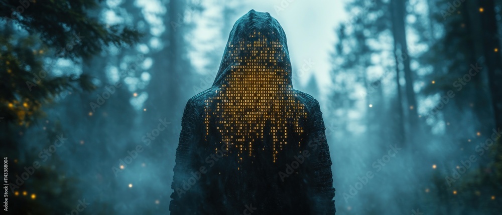 Poster hacker blue digital art with glowing binary code in dark forest cyberpunk style artificial intelligence cybersecurity systems threat detection penetration testing digital forensics