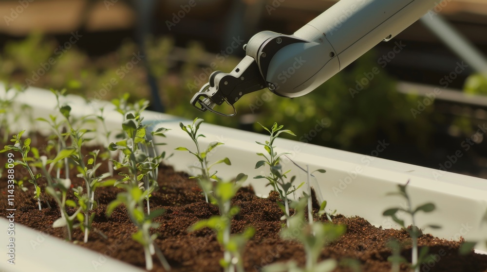 Poster a robotic system interacts with seedlings planted in trays, exemplifying high-tech solutions for eff
