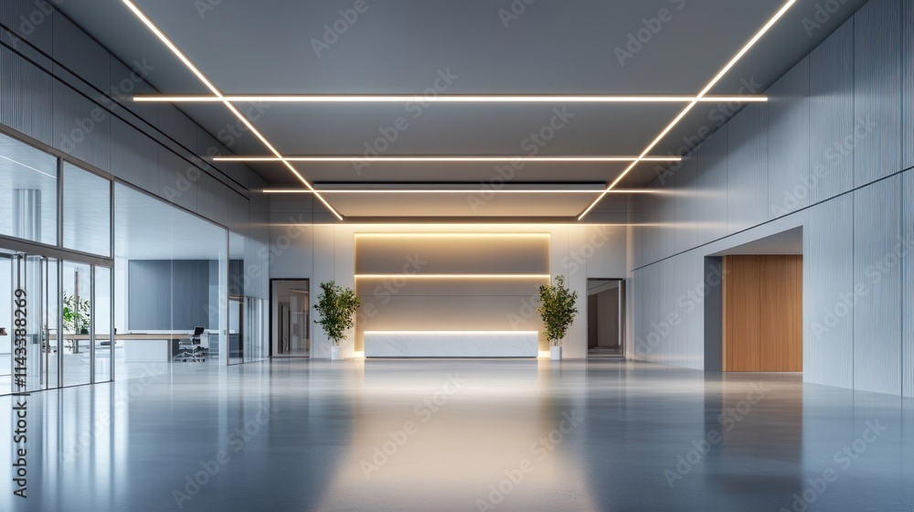 Poster modern reception area with sleek design and ambient lighting.