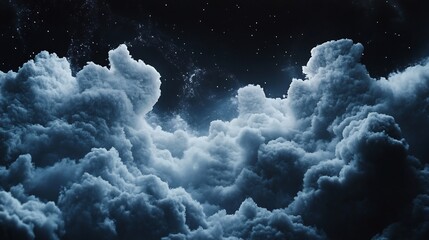 Naklejka premium Dramatic night sky with dark, fluffy clouds and stars.