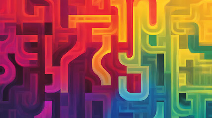 A vibrant, colorful maze design featuring intricate paths in rainbow hues, creating a visually stimulating pattern. Labyrinth. Illustration