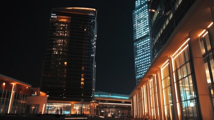 Night view of modern skyscrapers with illuminated facades and urban architecture.