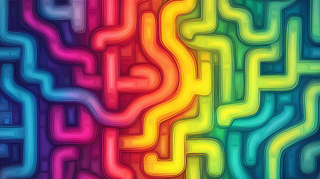 A vibrant, colorful maze design featuring intricate paths in rainbow hues, creating a visually stimulating pattern. Labyrinth. Illustration