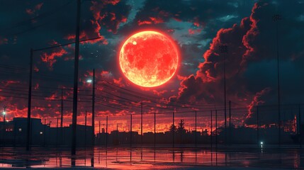 Obraz premium Blood Moon over Cityscape: Night Landscape
