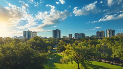 Obraz premium Urban park with city skyline at sunrise. Concept of urban green space, nature, and city life.