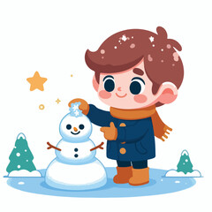 vector image of little boy playing in the snow in winter